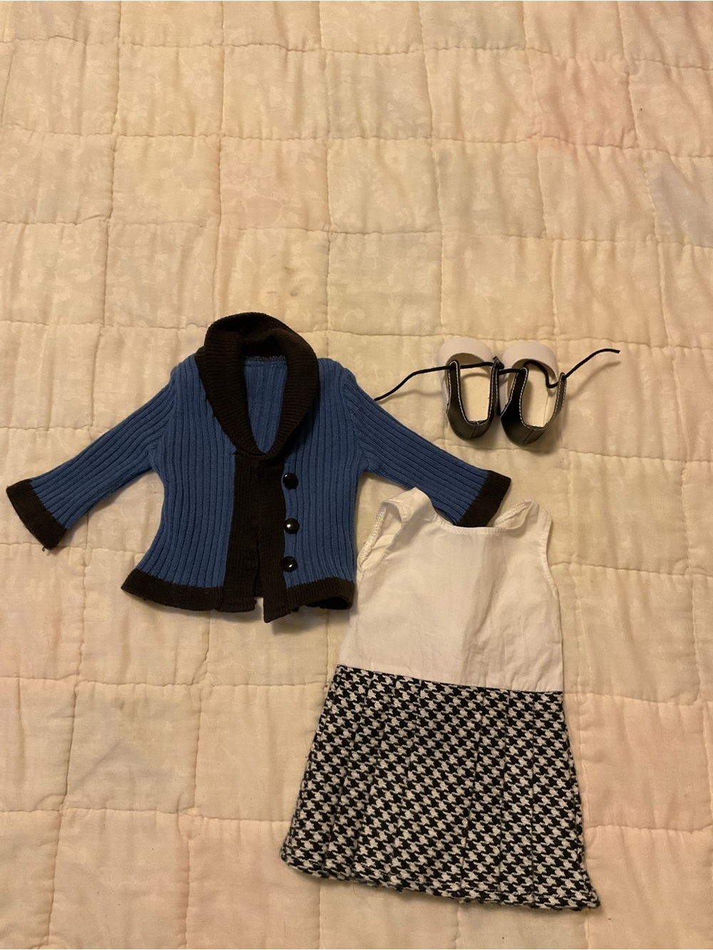 American Girl Blue and Black Cardigan with Black & White Dress and Black Shoes